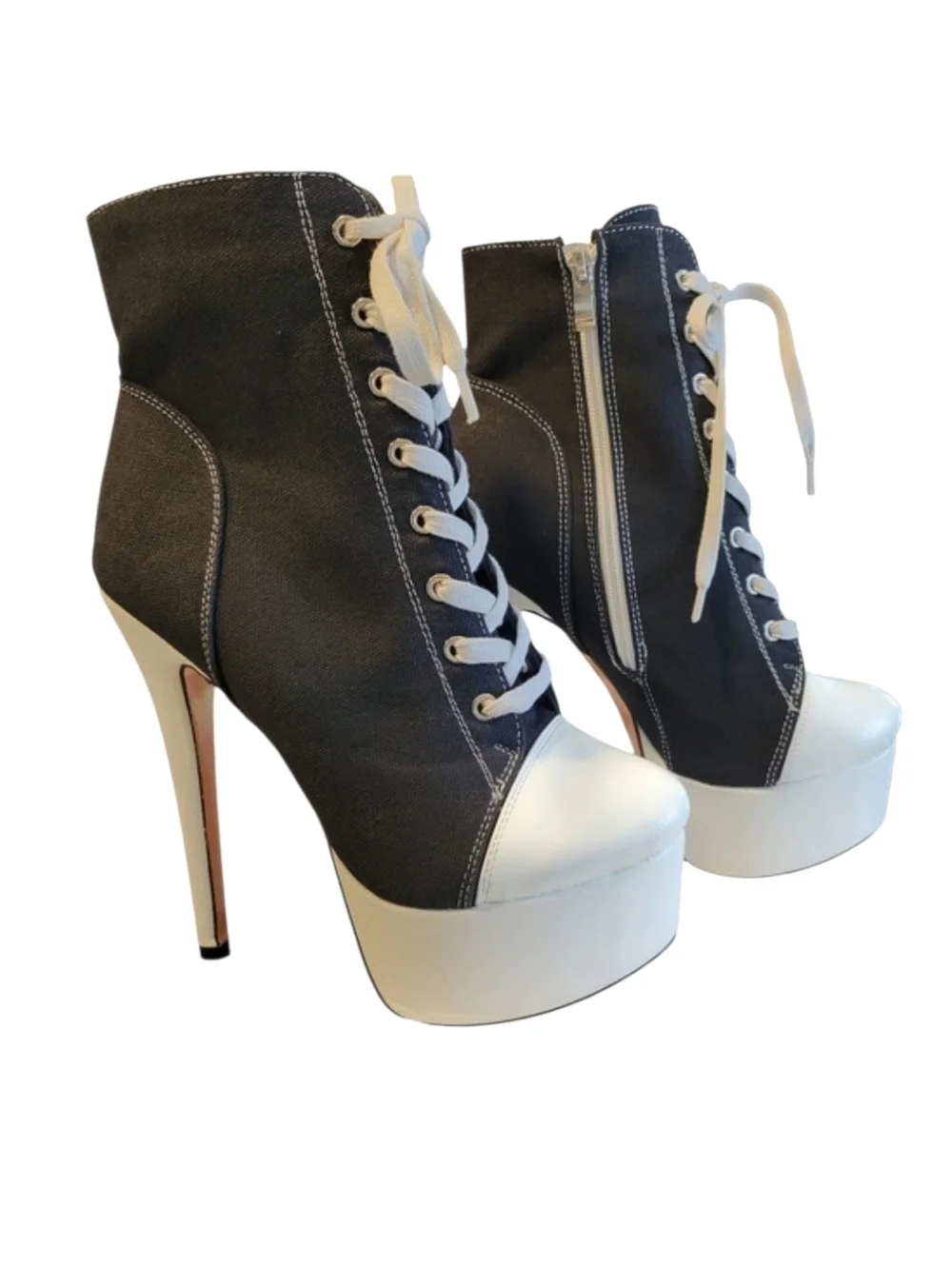Black Canvas Platform Sneaker Heels Stiletto Ankle Boots Lace-Up  US 9 EU 39
